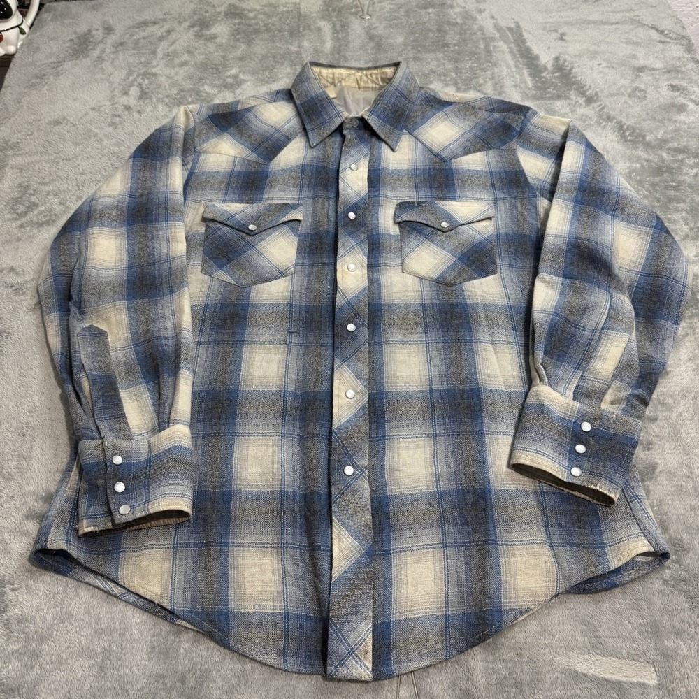 VTG 70s Western Style Wool Longsleeve Shirt Mens Large Plaid Pearl Snap Flannel